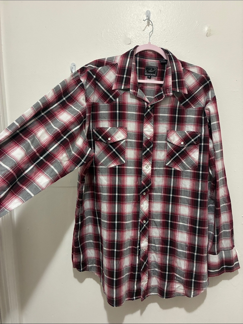 Roper Burgundy, Black & White Plaid Western Shirt